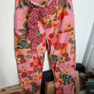 Farm for Anthropologie Pink and Red Cropped Pants with Tropical Print